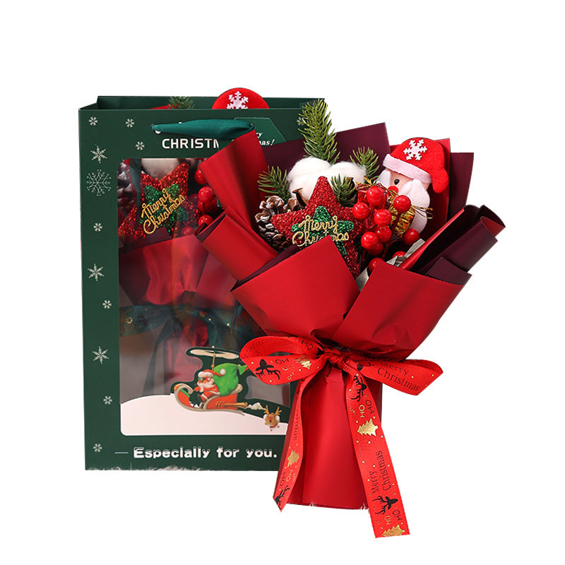 Bouquet de fleurs artificielles de Noël en vrac de 11 pouces avec poupée de Père Noël à baies rouges et étoile scintillante pour cadeaux de petite amie en gros