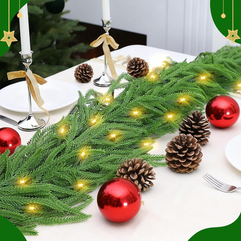 Artificial Norfolk Pine Vine with LED Lights, Set of 3 Soft-Touch Plastic Garlands, Christmas & Home Decor