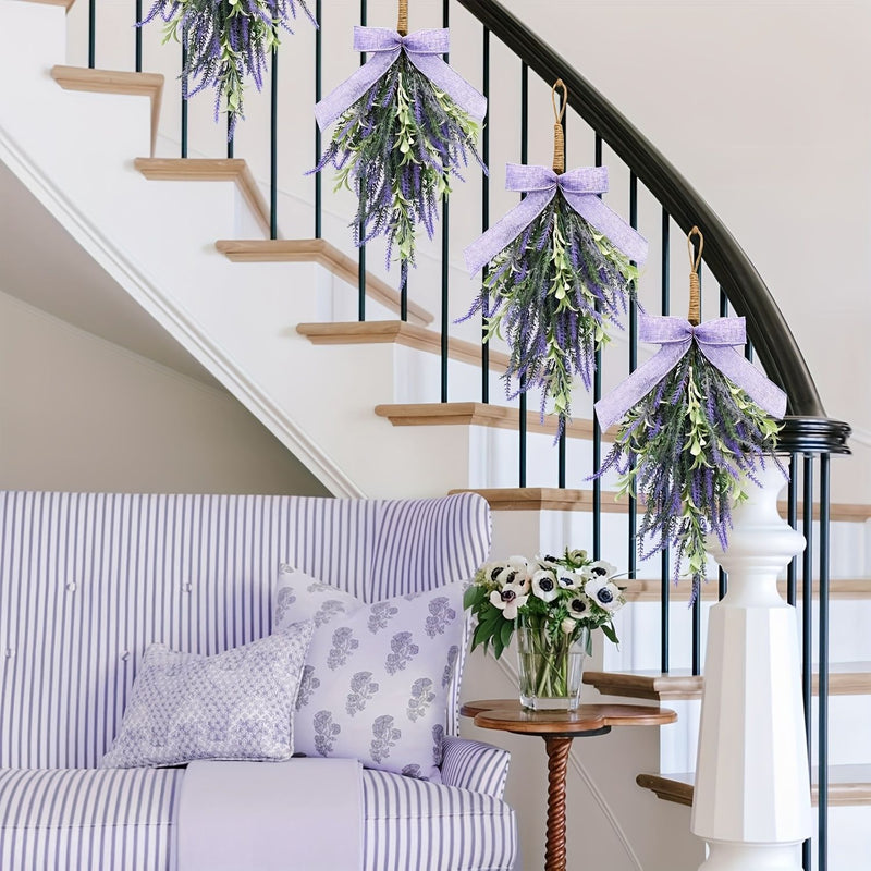 Artificial Lavender Bow Wall Hanging, Purple Faux Floral Door Swag for Home Decor, Holiday & Window Display