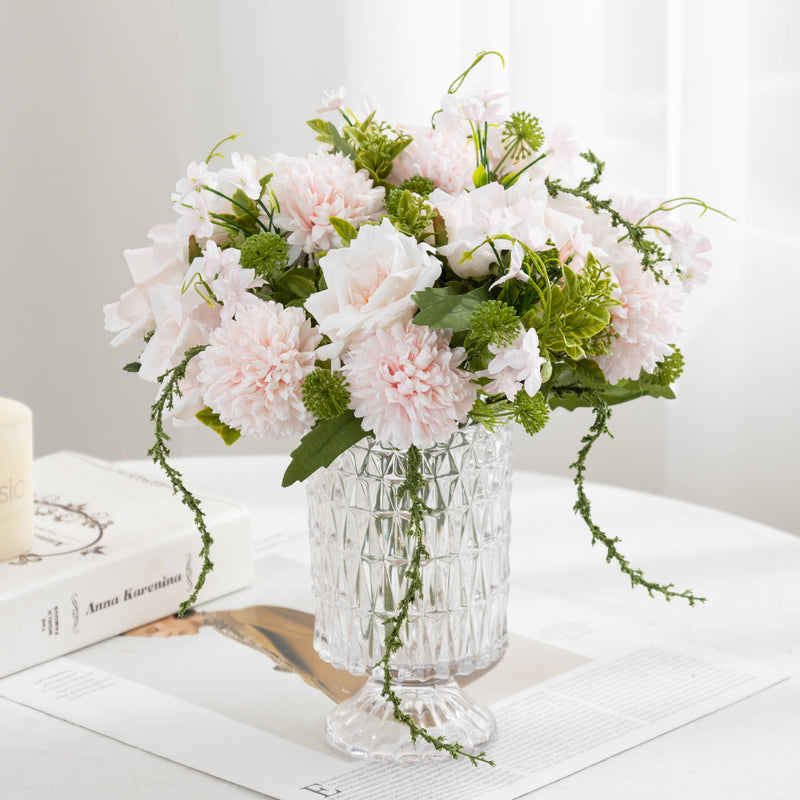 11" Artificial Rose & Chrysanthemum Bush, Realistic Fake Flower Arrangement with 5 Blooms - Wedding Centerpiece, Home Decor, Tabletop Display