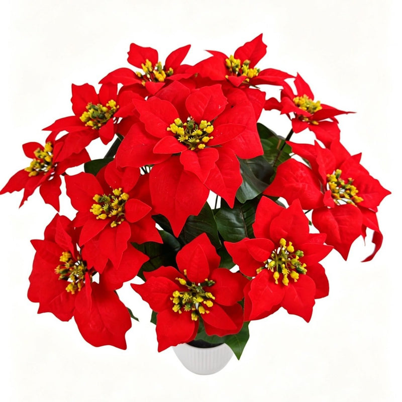 20" Artificial Poinsettia Bush with 12 Blooms, Silk-Like Faux Flowers for Christmas, Weddings & Home Decor