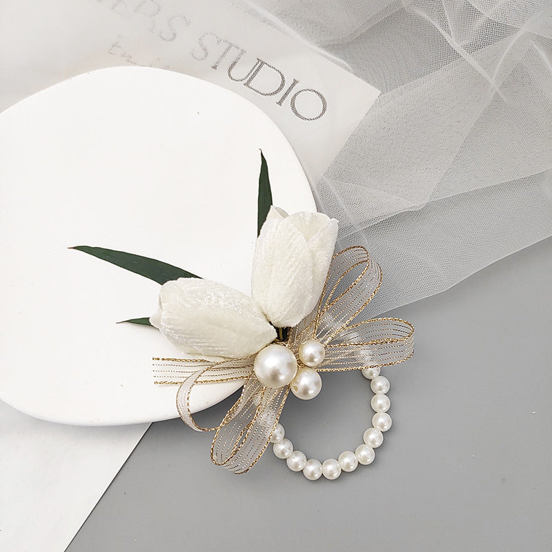 Bulk Romantic Marsala Artificial Velvet Tulips Wrist Corsage Wholesale