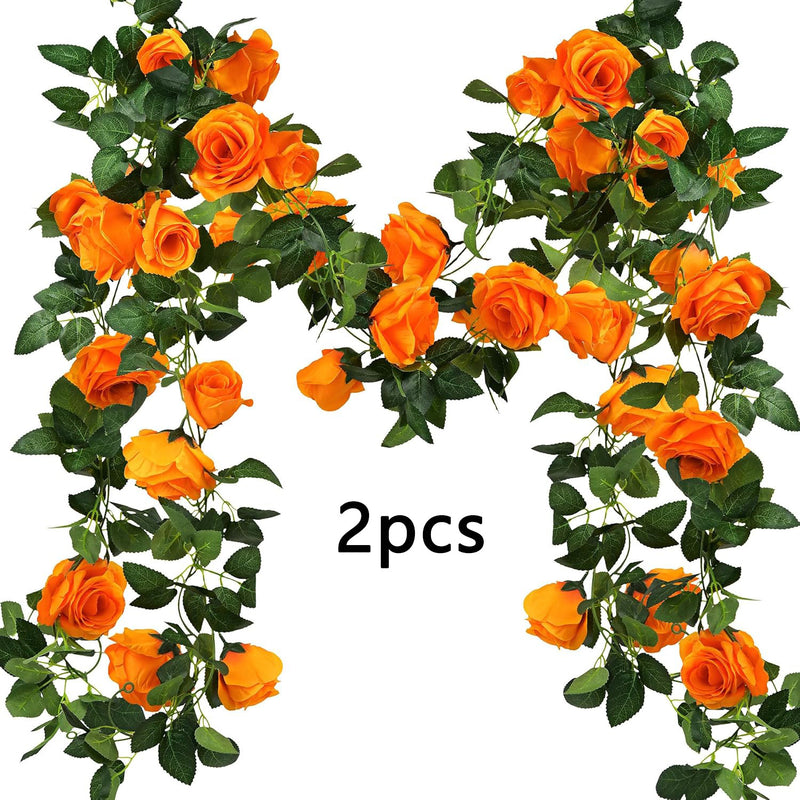 Orange Rose Garland Vine with Lights, Set of 2 Faux Silk Trailing Vines, Halloween, Fall & Wedding Decor