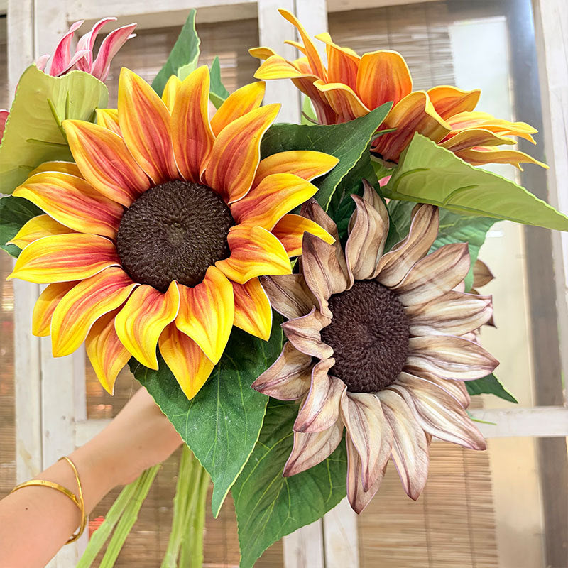 Single Stem Artificial Sunflower, 27" Tall with 6.5" Bloom, Silk-Like Fabric, Rustic & Modern Decor