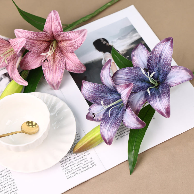 16" Single Stem Lily with 3 Blooms, Artificial Flower for Weddings, Home Decor, and Events