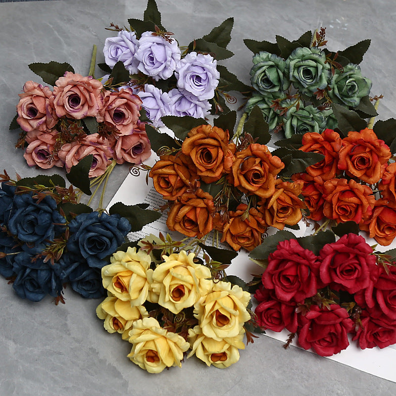 12" Autumn-Toned Rose Bush with 6 Blooms, Faux Silk Floral Arrangement for Home Decor, Weddings & Events