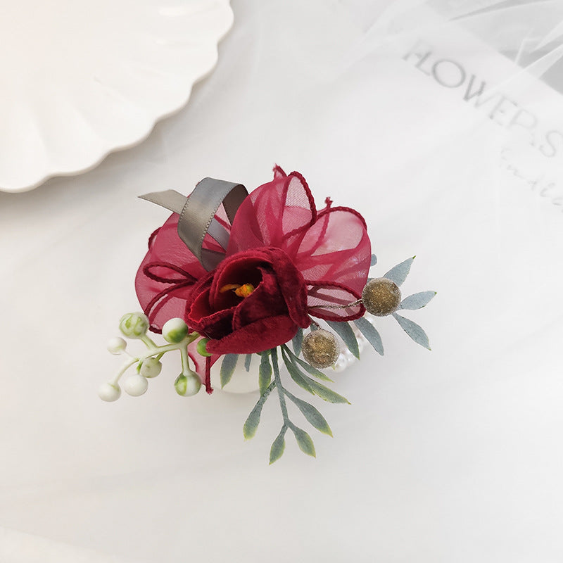 Bulk Romantic Marsala Artificial Velvet Tulips Wrist Corsage Wholesale