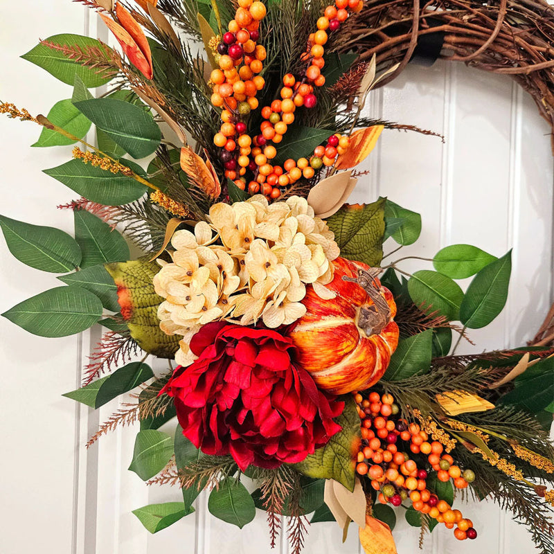 Autumn Harvest Floral Wreath, 16" Rustic Pumpkin & Hydrangea Wall Decor, Farmhouse Style Door Hanging for Fall Home, Wedding, Coffee Shop