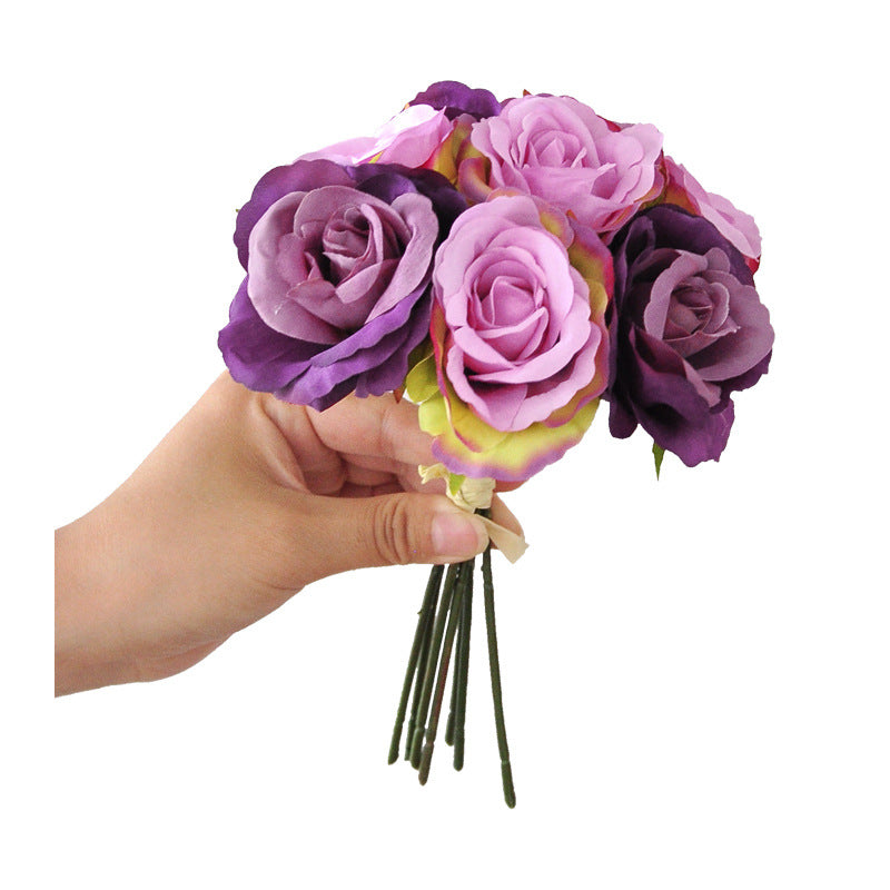 Artificial Rose Bouquet with 7 Blooms, Faux Silk Hand-Tied Bridal Bouquet, Wedding & Home Decor