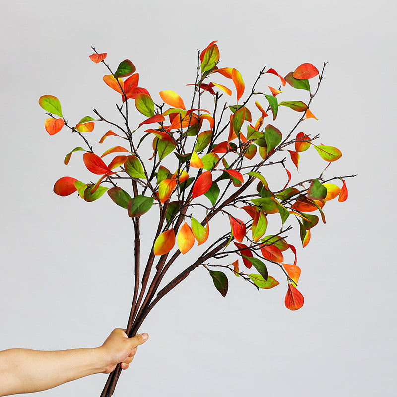 Artificial Persimmon Leaf Branch, Single Stem with 25 Silk-Like Leaves, 37" Long for Fall Home Decor, Floral Arrangements and Seasonal Displays