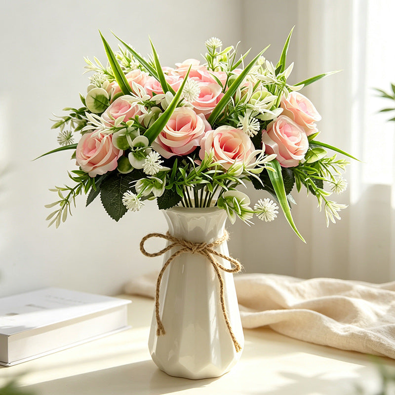 18-Bloom Rose Bush, Modern Farmhouse Style Artificial Flower Bouquet for Home Decor, Weddings, and Events