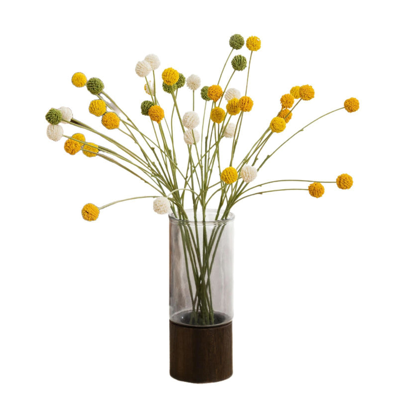 Artificial Craspedia Billy Balls Bush, 4 Yellow Globe Blooms, Faux Plastic Floral Stem for Vases, Home Decor & Weddings