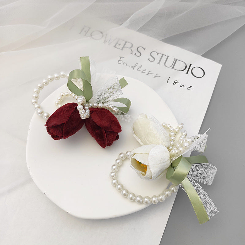 Bulk Romantic Marsala Artificial Velvet Tulips Wrist Corsage Wholesale