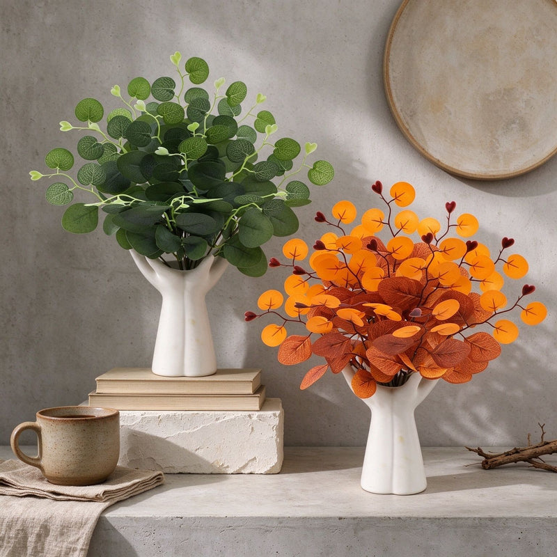 Artificial Eucalyptus Leaf Bush, Autumn Faux Eucalyptus Greenery Stem for Wedding Floral Arrangements, Vase Filler & Home Decor