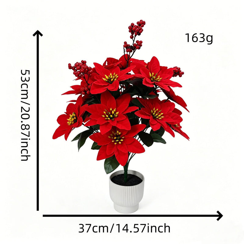 21" Faux Velvet Poinsettia Bush, Christmas Holiday Decoration, Realistic Artificial Flowers for Home, Office, Wedding & Events