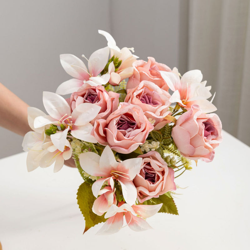 13" Realistic Silk Rose & Lily Bush, 9 Blooms, Wedding & Home Décor, Indoor/Outdoor Use