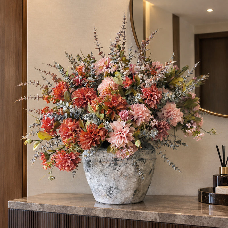 Artificial Dahlia Bouquet, 3 Faux Silk Blooms, Autumn Burnt-Edge Fall Flowers for Home, Wedding & Seasonal Decor