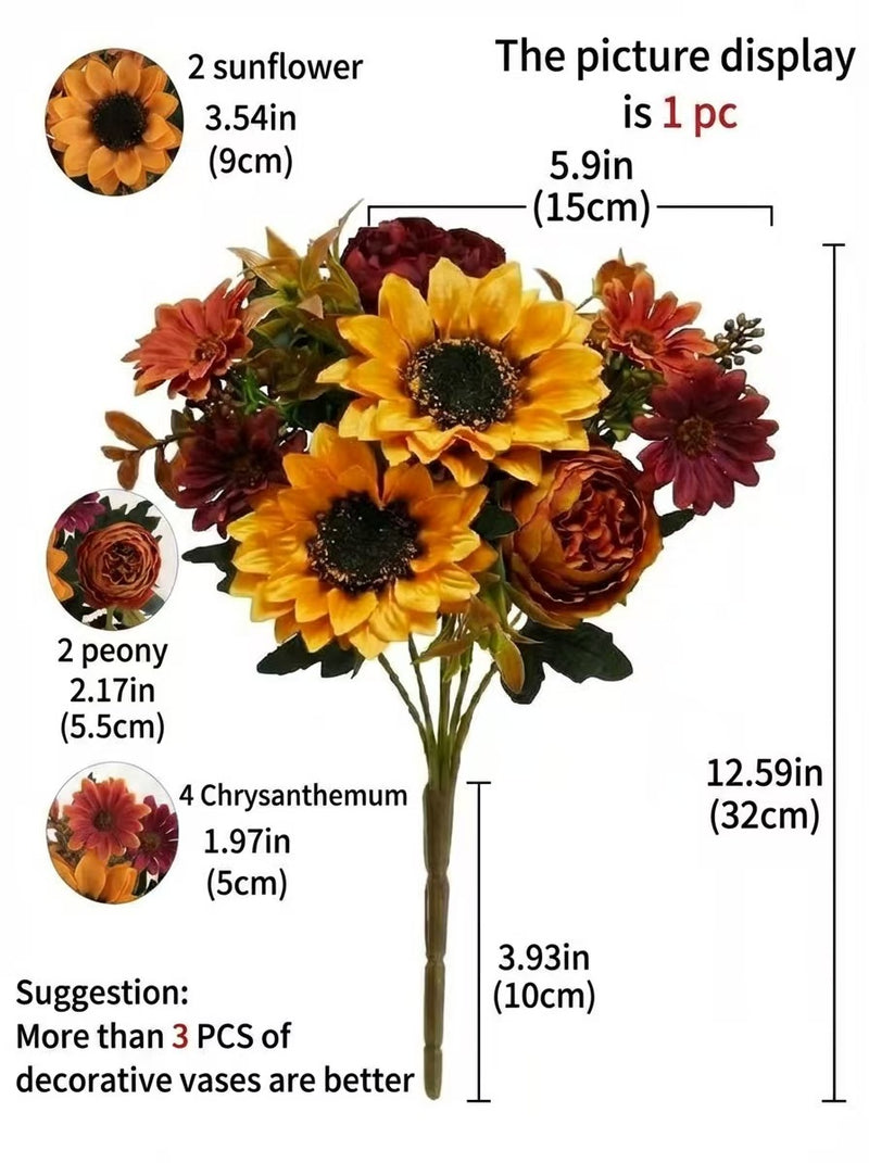 13" Artificial Sunflower Bush with 6 Blooms, Realistic Plastic Flowers for Home Decor, Weddings & Events