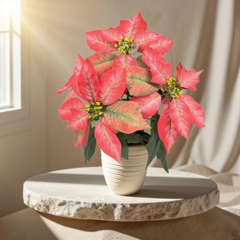 Artificial Poinsettia Bush with 5 Blooms, 12" Holiday Decor for Christmas, Home, and Events