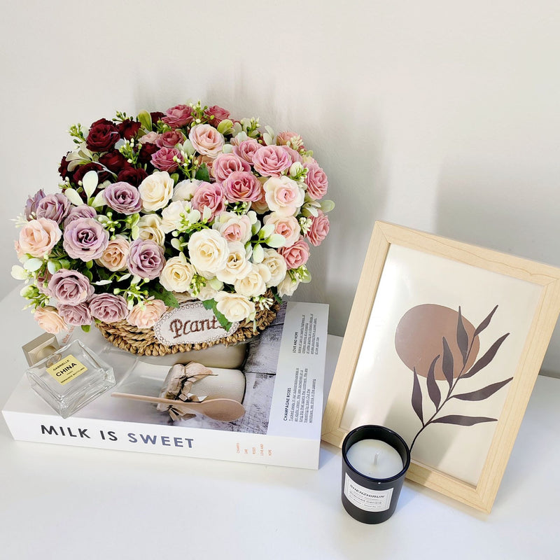 Artificial Rose Bush with 15 Blooms, 12" Silk-like Faux Flowers for Weddings, Home Decor, and Table Centerpieces
