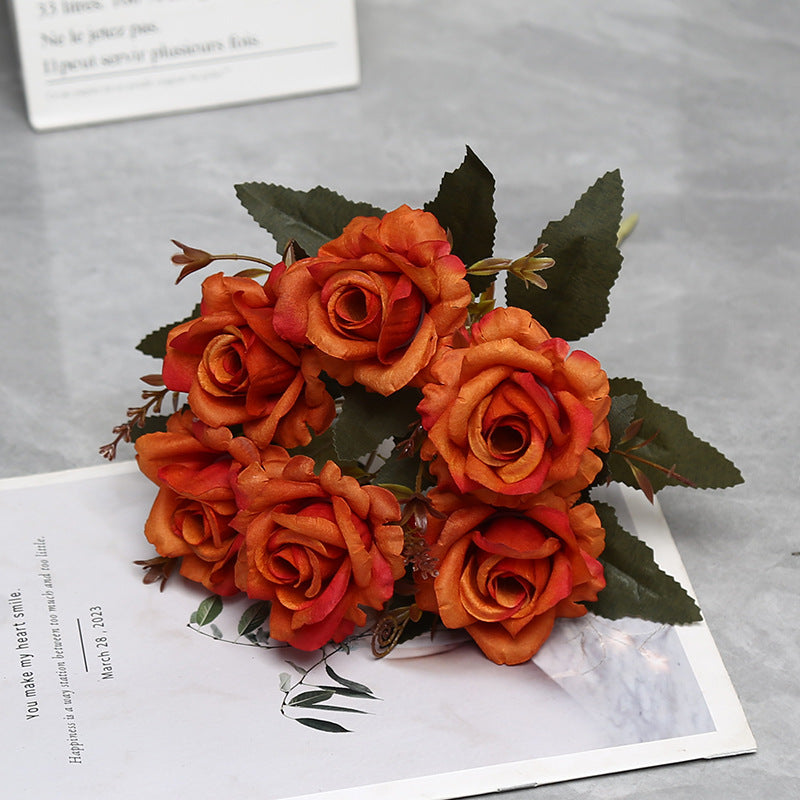 12" Autumn-Toned Rose Bush with 6 Blooms, Faux Silk Floral Arrangement for Home Decor, Weddings & Events