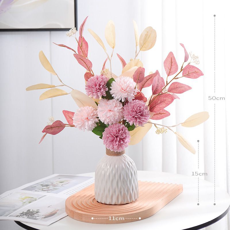 18" Artificial Chrysanthemum and Eucalyptus Bush, 6 Blooms, Realistic Floral Arrangement for Home Decor, Weddings, Events