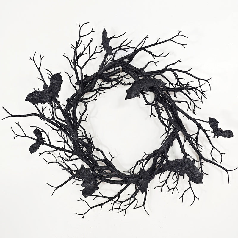 Bulk 17" Black Bat Tree Branch Manzanita Wreath for Front Door Artificial Plant Twigs Wreath Glowing Halloween Decoration Wholesale