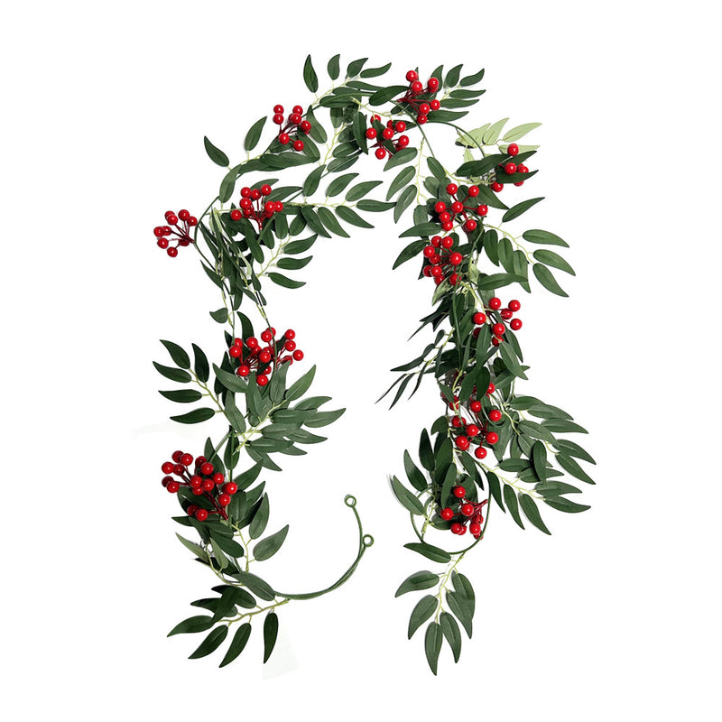 Artificial Willow Leaf Vine Garland with Red Berries, Set of 2 Trailing Vines, 79" Long, Christmas & Holiday Door Hanging Decor