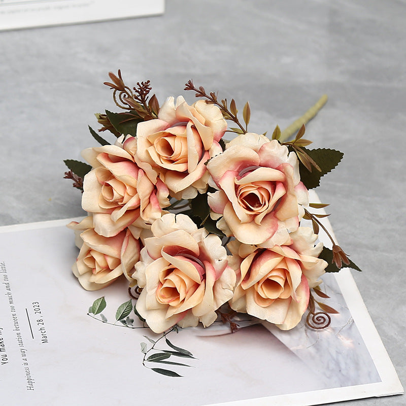 12" Autumn-Toned Rose Bush with 6 Blooms, Faux Silk Floral Arrangement for Home Decor, Weddings & Events