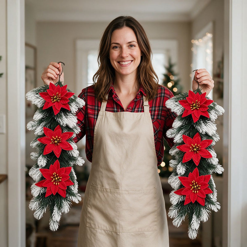 Artificial Pine Needle Poinsettia Christmas Wreath Hanging Vine, Red Berry Wall Door Swag, Green or White-Green, Holiday Decor