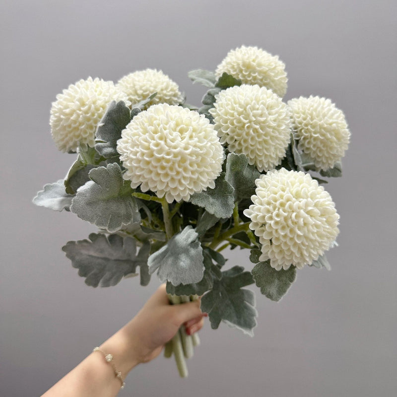 Artificial Chrysanthemum Pompon Single Stem, 14.5" Fluffy Faux Flower for Wedding Centerpieces, Home Decor, Office & Events