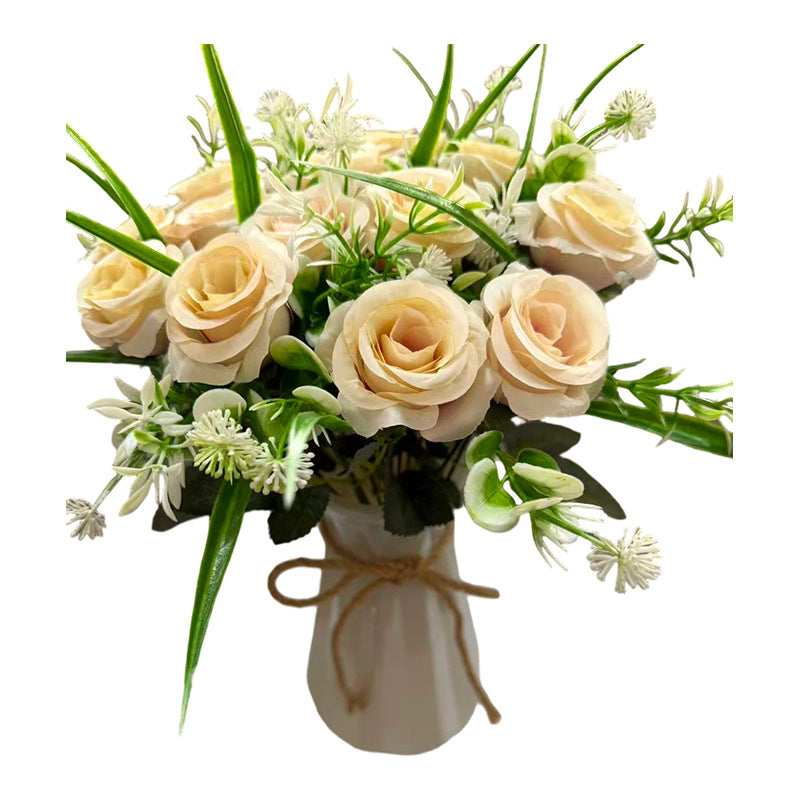 18-Bloom Rose Bush, Modern Farmhouse Style Artificial Flower Bouquet for Home Decor, Weddings, and Events