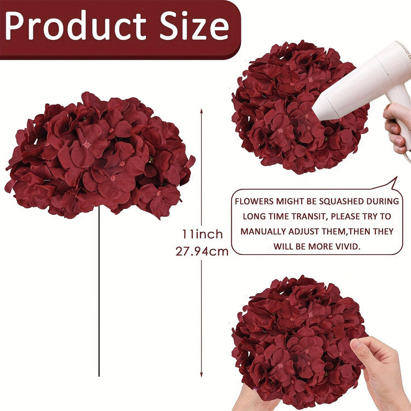 Burgundy Artificial Hydrangea Loose Flower Heads, Pack of 10, Silk-Like Fabric for Wedding Decor & Home Styling
