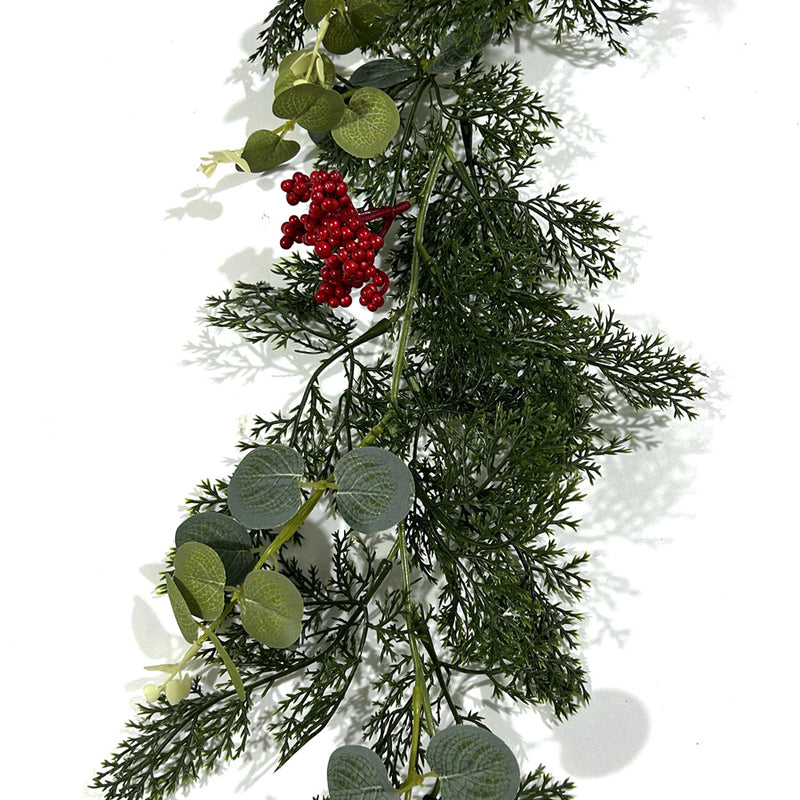 Artificial Christmas Garland Vine with Red Berries & Pine, Faux Money Leaf Greenery for Holiday Wall Decor, Mantel & Window Displays