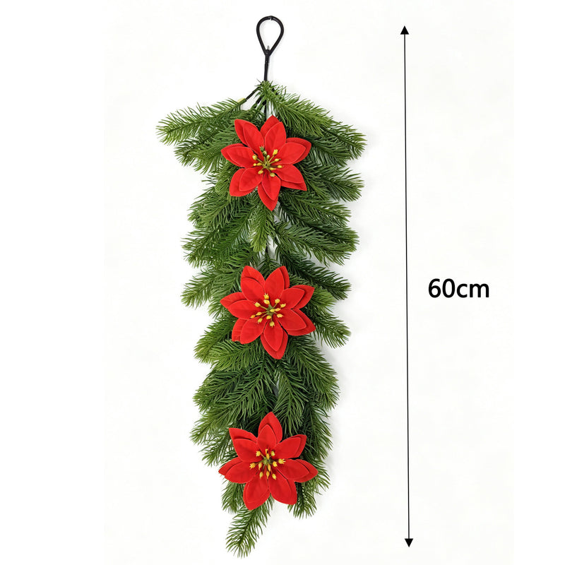Artificial Pine Needle Poinsettia Christmas Wreath Hanging Vine, Red Berry Wall Door Swag, Green or White-Green, Holiday Decor