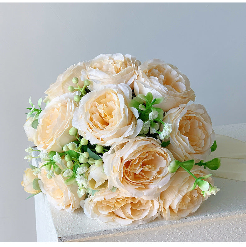 Artificial Silk Rose Bridal Bouquet, 18-Bloom Wedding Bouquet in Cream White, 12" Height for Bridesmaids & Centerpieces