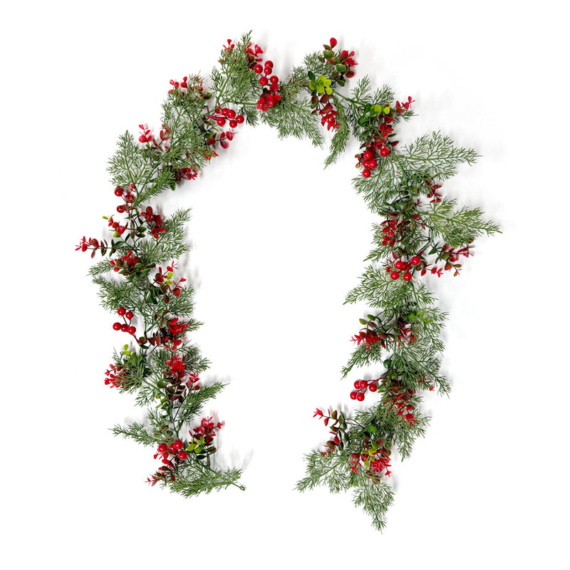 Artificial Eucalyptus Garland with Red Berries & Juniper Pine Needles, Trailing Vine, Christmas Holiday Greenery Decor