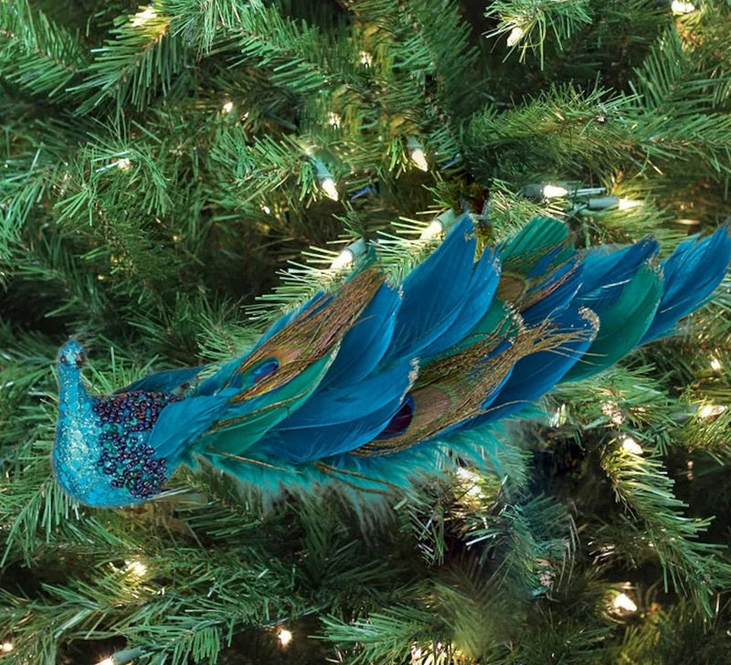 Bulk Christmas Glitter Simulated Peacock Ornaments with Open Screen Decorations for Xmas Tree Home Wall Door Party Decor Wholesale