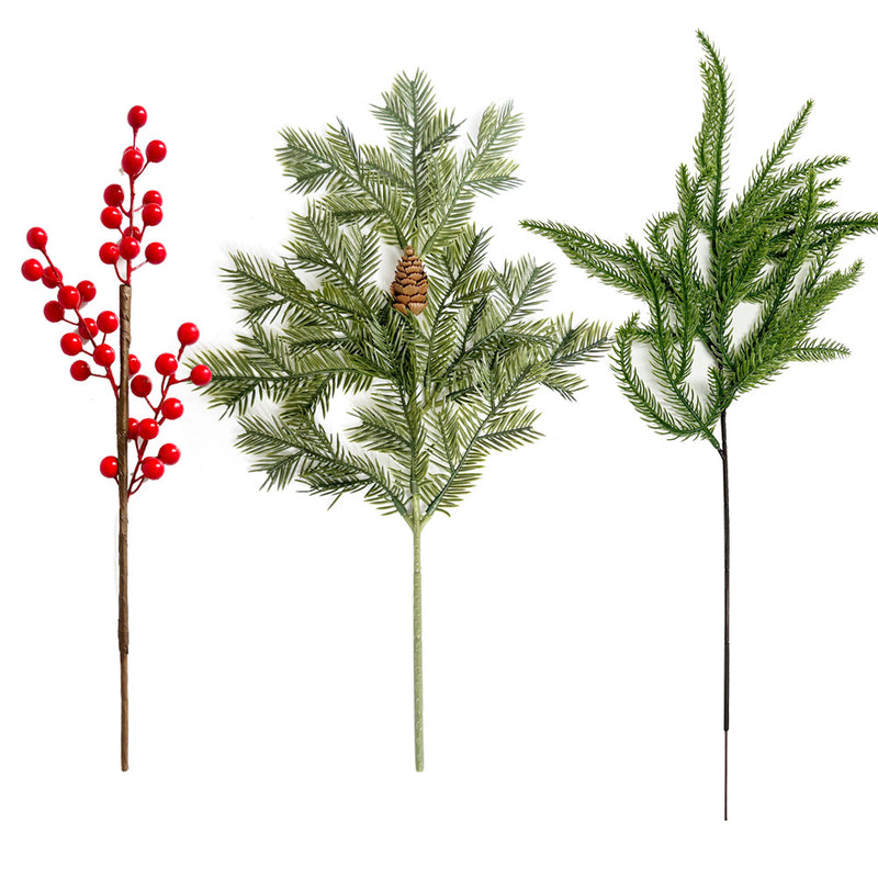 Artificial Red Berry Pine Needle & Cypress Leaf Stem, Faux Christmas Greenery Pick for Holiday Decor, Wreaths & Floral Arrangements