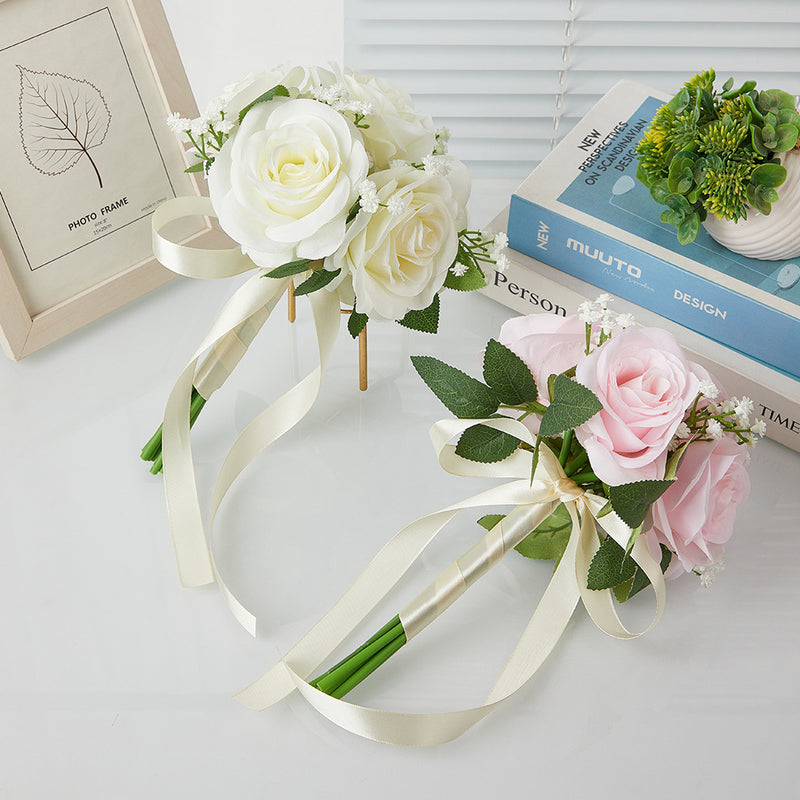 Rustic Rose and Baby’s Breath Bouquet, 11-Inch Silk-Like Fabric Wedding Handheld Flower Bouquet