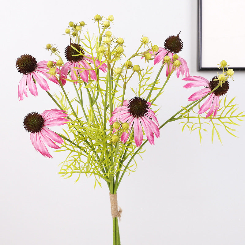 Artificial Echinacea Bouquet, 6 Coneflower Heads on 4 Bendable Stems, Faux Silk & Plastic, for Weddings & Home Decor