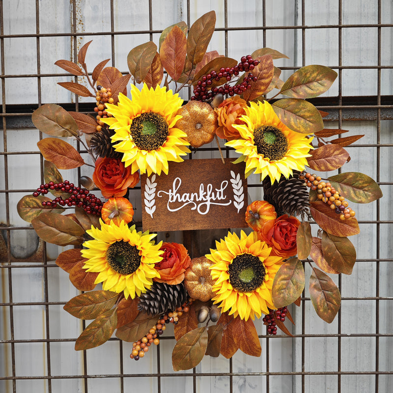 Bulk Sunflower Pumpkin Leaf Wreaths with Sign Artificial Flower Wreaths Ornament for Front Door Farmhouse Home Decoration Wholesale