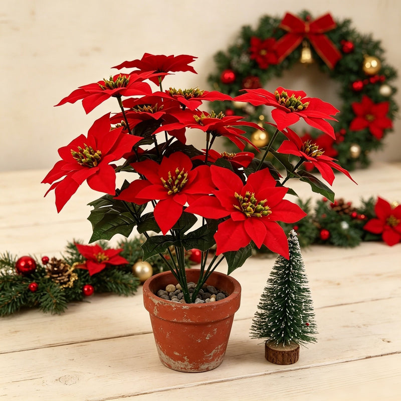 15" Artificial Poinsettia Bush with 5 Blooms, Bendable Stems for Christmas, Weddings & Home Decor