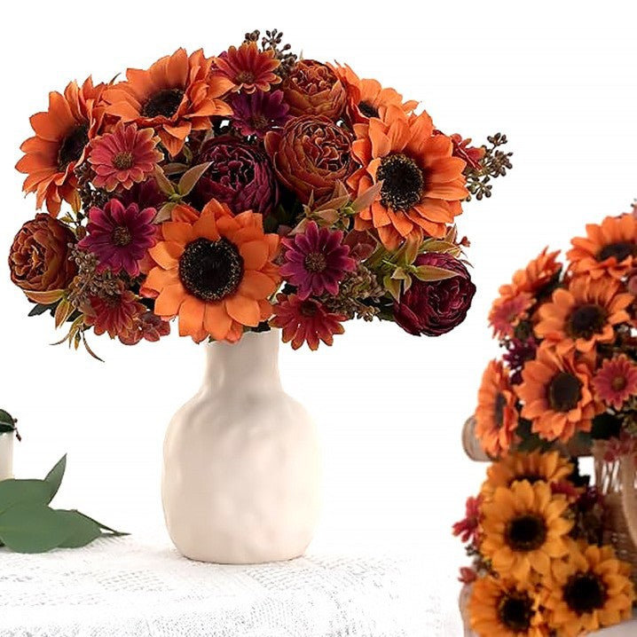 13" Artificial Peony, Daisy & Sunflower Bush with 8 Blooms, Plastic Faux Flowers for Home, Wedding, Outdoor Decor