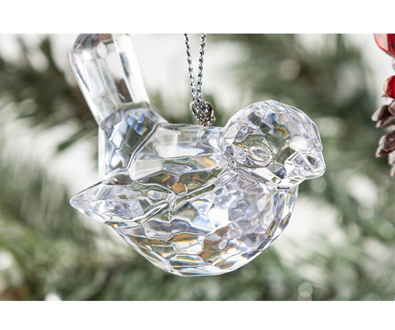 Bulk Christmas Ornaments Acrylic Transparent Bird Hanging Decoration with Pine Cones Pine Needles for Xmas Tree Decor Wholesale