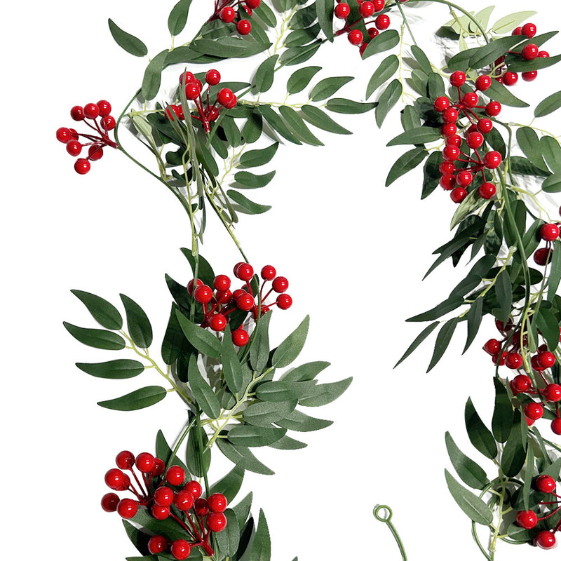 Artificial Willow Leaf Vine Garland with Red Berries, Set of 2 Trailing Vines, 79" Long, Christmas & Holiday Door Hanging Decor