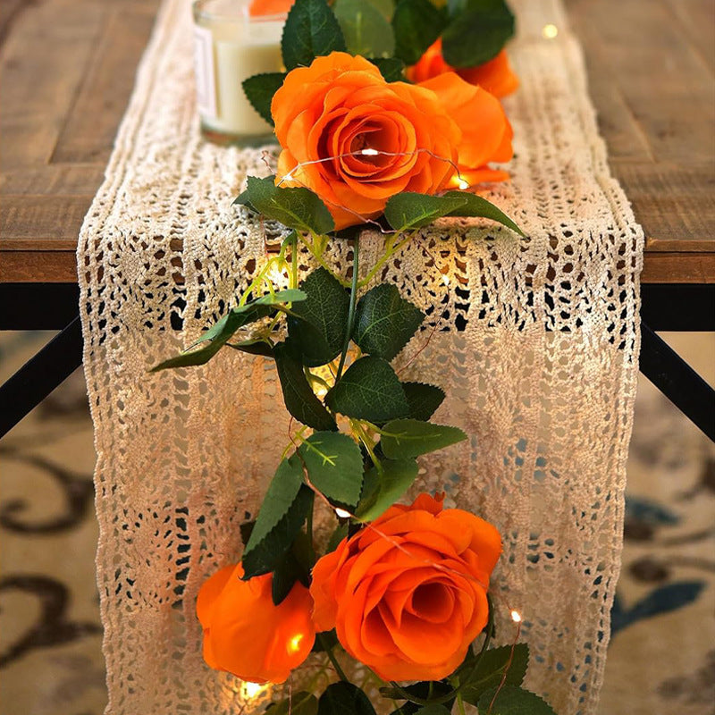 Orange Rose Garland Vine with Lights, Set of 2 Faux Silk Trailing Vines, Halloween, Fall & Wedding Decor