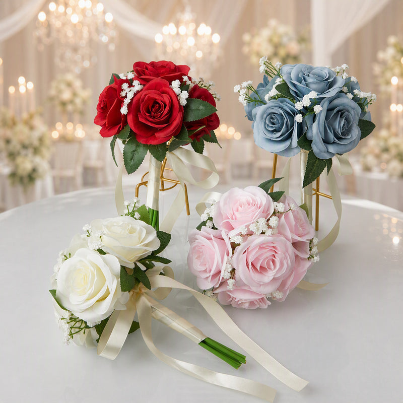 Rustic Rose and Baby’s Breath Bouquet, 11-Inch Silk-Like Fabric Wedding Handheld Flower Bouquet