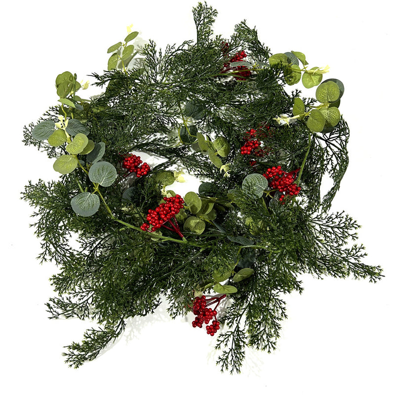 Artificial Christmas Garland Vine with Red Berries & Pine, Faux Money Leaf Greenery for Holiday Wall Decor, Mantel & Window Displays