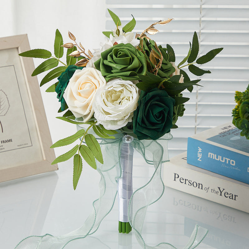Hand-Tied Bouquet with 7 Rose Blooms, 11.4" Tall, Rustic Style, Perfect for Weddings and Indoor Décor